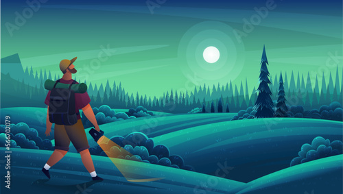 Male tourist with backpack and hiking stick walks with flashlight in dark forest. Outdoor travelling and nature camping. Woman traveler on trip. Tracking through mountains and trails, adventure time
