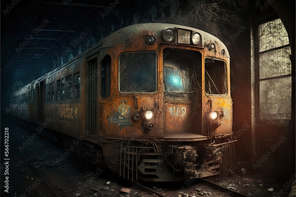  an old rusty train is parked in a train station at night with the lights on and the train is in the middle of the tracks.  generative ai