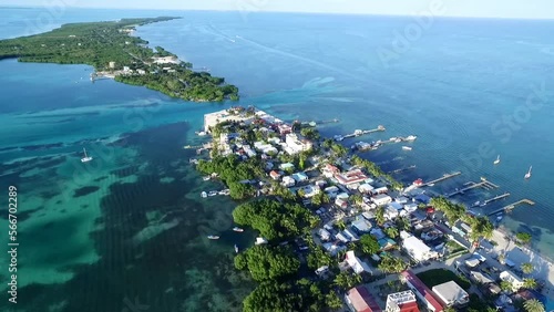 Caye Caulker Island in Caribbean Sea. Belize. Drone Point of View.
