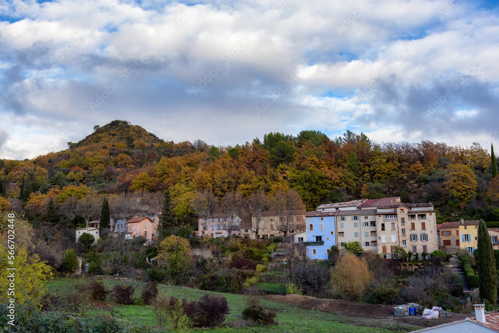 Homes in a small touristic town, Montferrat, France. Cloudy Fall Season Sky.