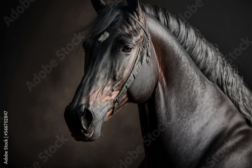  a black and white horse with a white mane and a black background with a white spot on the forehead and a black spot on the forehead.  generative ai photo