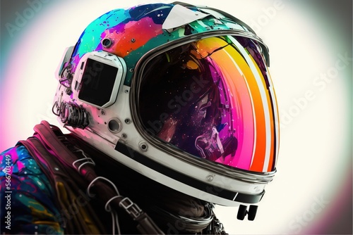  a person wearing a colorful helmet and a colorful jacket with a horse in the center of the helmet and a rainbow light behind it and a white background. generative ai