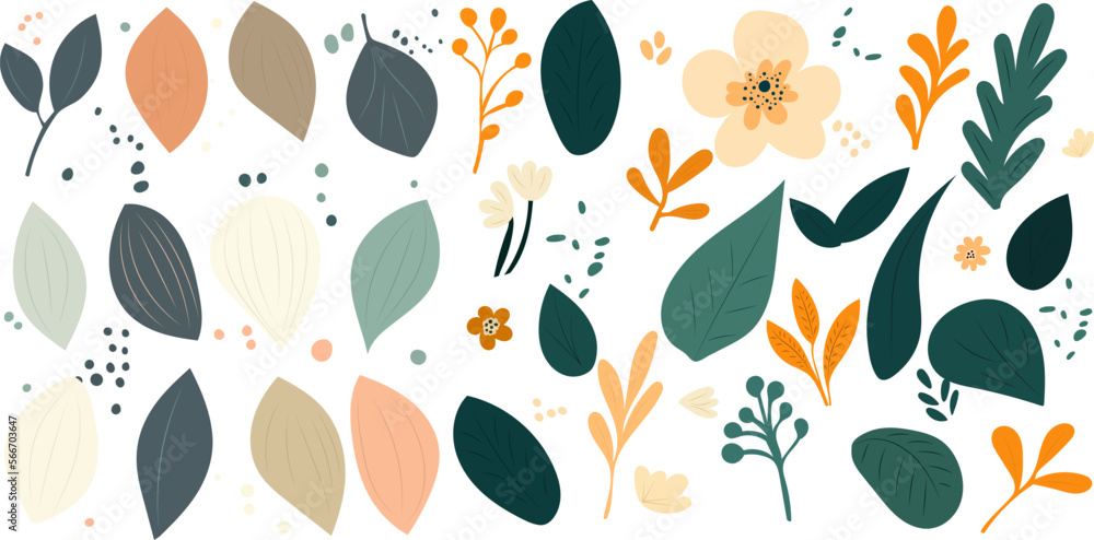 set of leaves and flowers in flat style, gentle colors set of leaves and flowers in flat style, gentle colors