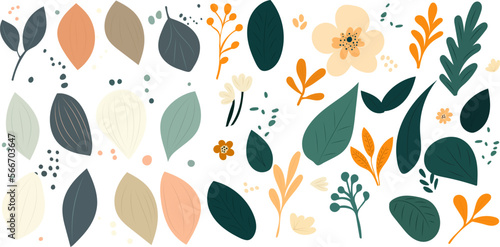 set of leaves and flowers in flat style, gentle colors