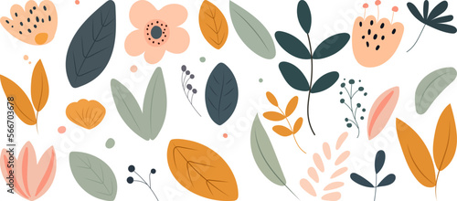 set of leaves and flowers in flat style, gentle colors vector