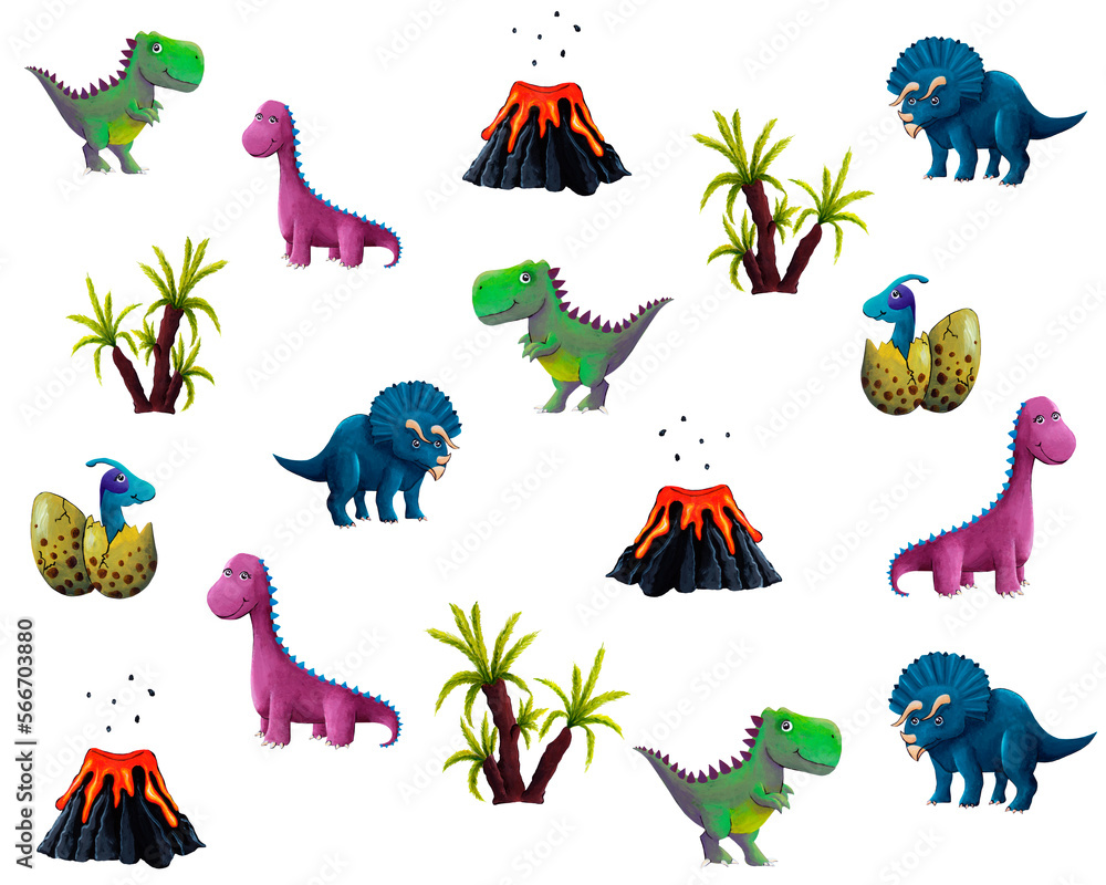 Hand painted Dinosaur pattern. White background. Hand painted Dinosaur pattern. White background.