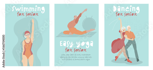 Active seniors. Activities amd hobbies. Editable vector illustration