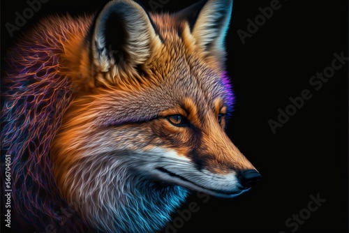  a close up of a fox's face with a black background and a blue and red background with a black background and a red fox's head. generative ai