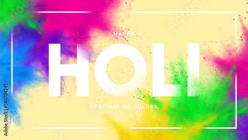 Happy holi festival background. Abstract explosions of colorful powders. Vector illustration for decoration of Holi event. Template of design for branding cover, card, poster or banner.