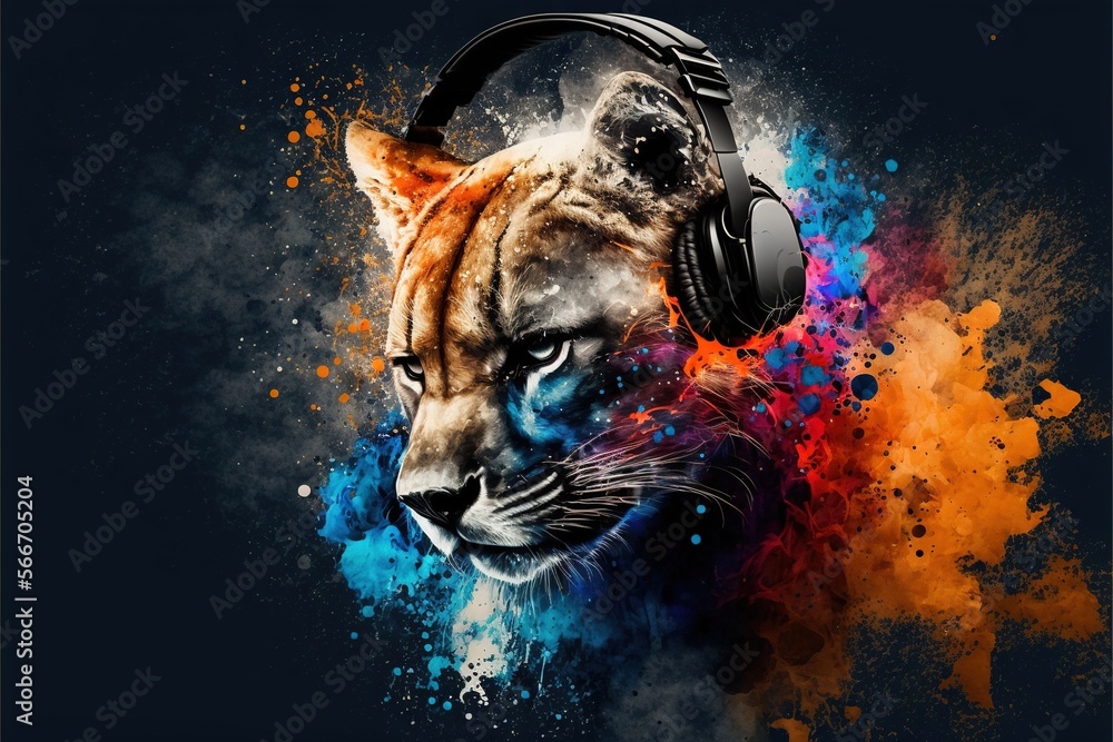 a tiger with headphones on its ears and a splash of paint on its face is  featured in this artistic photo of a tiger with headphones. generative ai  Stock-illustration | Adobe Stock