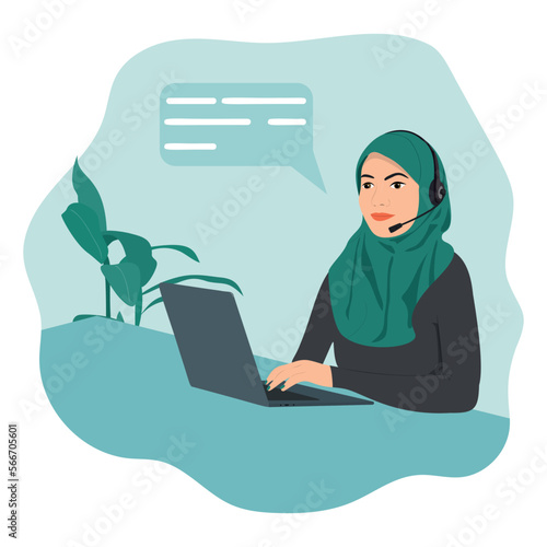 Arab woman with headphones and microphone with laptop. Illustration for customer service, support, assistance, call center.  Illustration vector of arab or muslim woman
