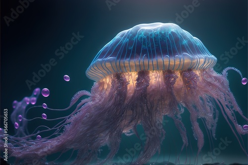  a jellyfish is swimming in the water with bubbles around it's neck and head, with a blue background and a black background.  generative ai
