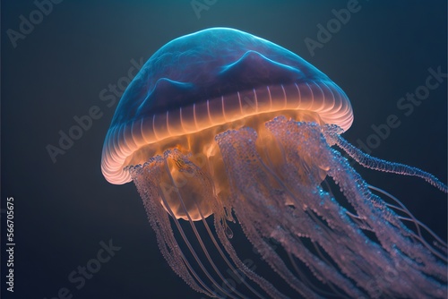  a jellyfish with a blue body and orange tentacles is swimming in the water with a black background and a blue sky above the head.  generative ai photo