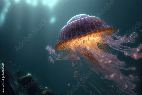  a jellyfish floating in the water with bubbles and bubbles around it's head and neck, with a light shining on its head. generative ai