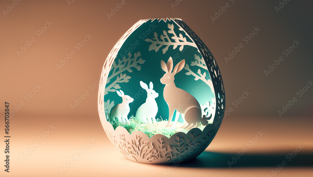 Easter scene with bunnies, rabbits, hidden eggs and spring landscape. Paper cut out background. High quality photo. Generative AI Easter scene with bunnies, rabbits, hidden eggs and spring landscape. Paper cut out background. High quality photo. Generative AI