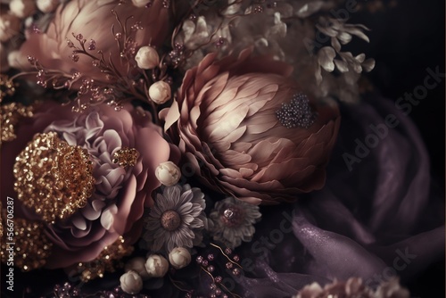  a close up of a bouquet of flowers on a table cloth with pearls and beads on it and a gold brooch on the center of the bouquet. generative ai