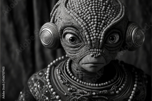 Black and white artwork of an alien