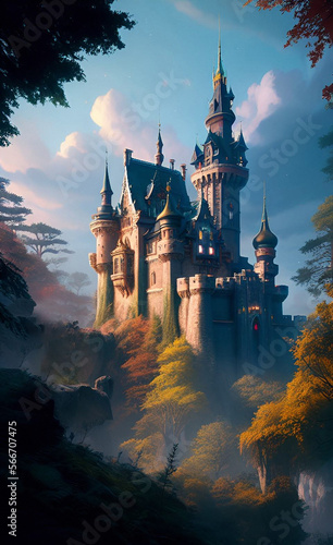 fantasy landscape, castle in the forest, concept illustration, generative ai, (these depiction is fictitious and generated)