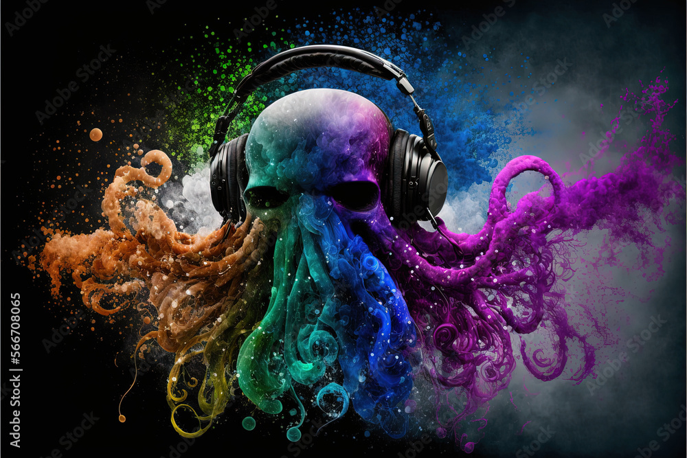  a skull wearing headphones with a multicolored octopus on it's face and headphones in the shape of a skull with a multi - colored smoke trail.  generative ai - obrazy, fototapety, plakaty 