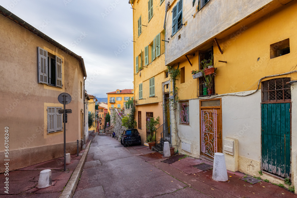 Residential Apartment Homes in Old Nice, France. Sunny Fall Season Cloudy Sky.