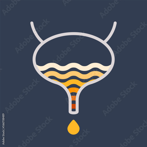 Urine color chart diagram. Bladder with urine drops showing different hydration level. Straw yellow to brown pee specimen. Medical concept. Vector illustration.