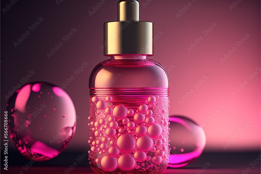 a bottle of liquid with bubbles on a table next to a pink object with a gold top and a pink background with a gold top. generative ai a bottle of liquid with bubbles on a table next to a pink object with a gold top and a pink background with a gold top. generative ai