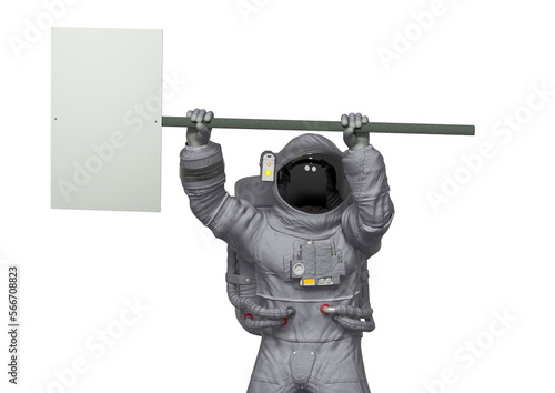 astronaut is holding a white placard in different way
