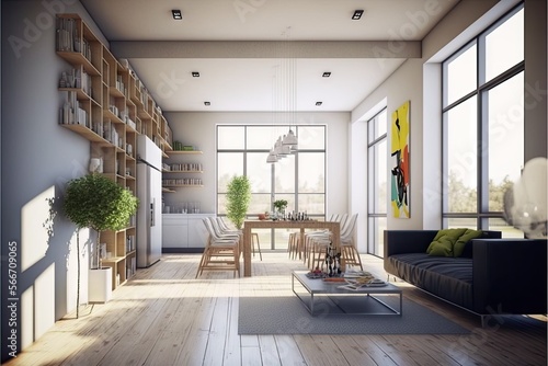 Interior of modern living room with white walls, wooden floor, comfortable sofa and bookcase