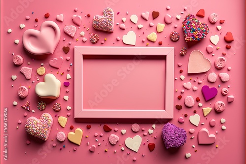  a pink frame surrounded by hearts and confetti on a pink background with a pink background and a pink frame with a white border.  generative ai photo