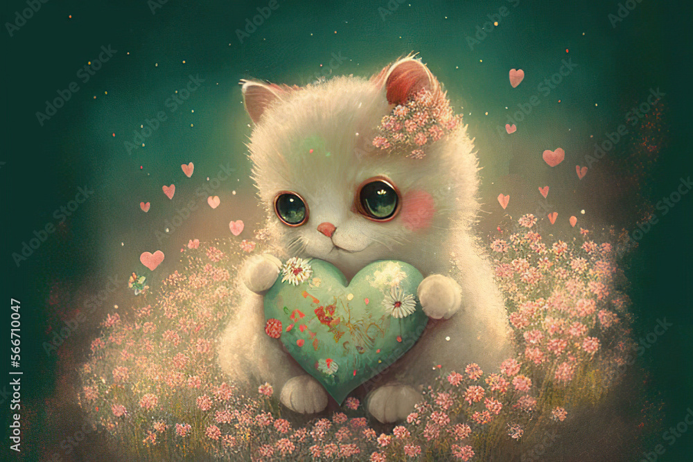 Cute and adorable tiny white kitten holding a heart in the meadow of pink flowers, love, valentine, fairy tale illustration, Generative AI Cute and adorable tiny white kitten holding a heart in the meadow of pink flowers, love, valentine, fairy tale illustration, Generative AI