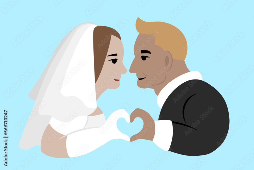 Girl woman and a boy man make a heart symbol with their hands. The bride and groom. In love, lover. Simple abstract isolated vector illustration.