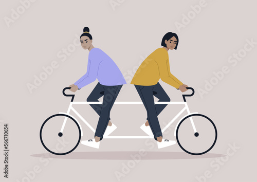 Two characters riding same bike in different directions, a metaphor of argument and disagreement