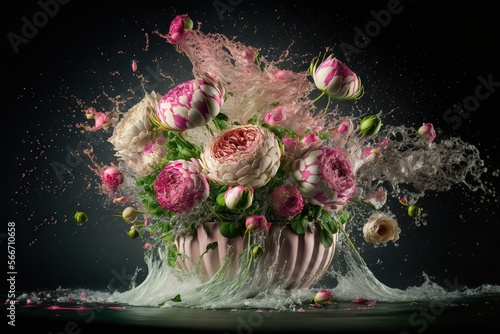  a vase filled with lots of pink flowers on top of a black tablecloth covered in white and pink flowers and splashes of water.  generative ai photo