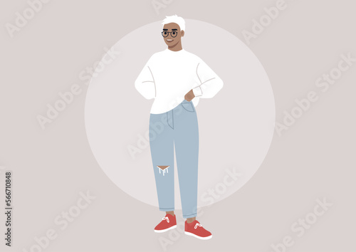 A young female character wearing a short haircut and black frames