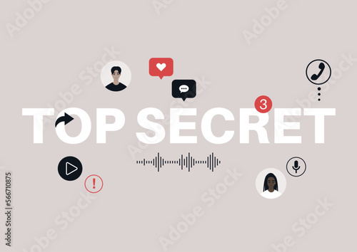 Sharing a top secret, a sign surrounded with icons, indicating a breach of sensitive information