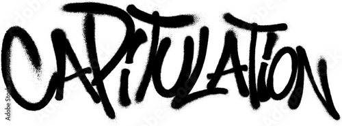 Sprayed capitulation font graffiti with overspray in black over white. Vector illustration.