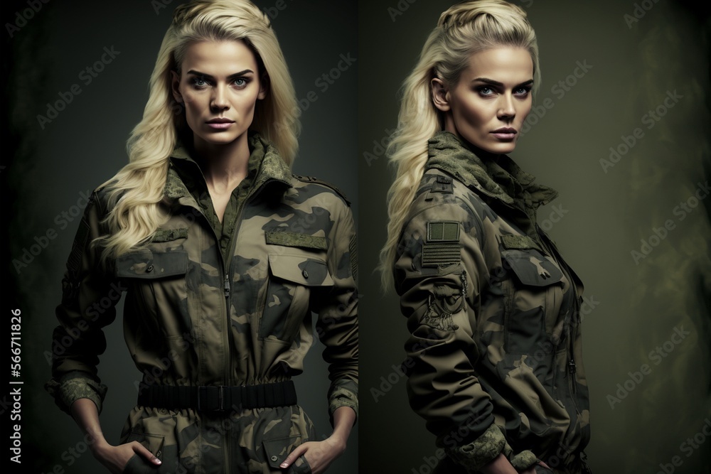 Blonde Soldatin bei Militär in grüner Montur, ai generativ Blonde Soldatin bei Militär in grüner Montur, ai generativ