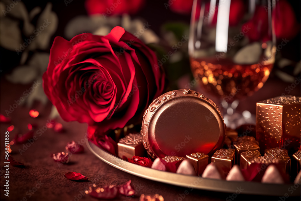 red rose and chocolate on a table on a romantic date of a couple on valentine's day