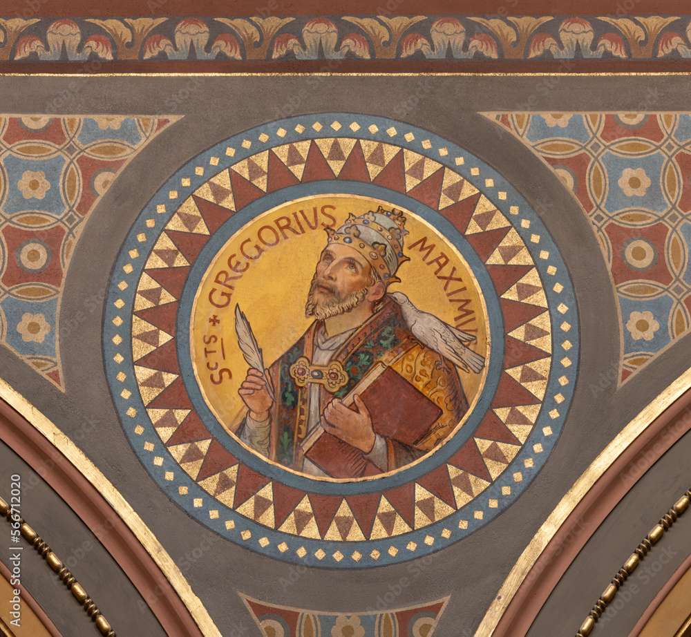 BERN, SWITZERLAND - JUNY 27, 2022: The fresco of St. Gregory the Great in the church Dreifaltigkeitskirche by August Müller (1923).