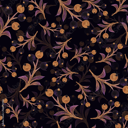 Golden purple berries seamless pattern