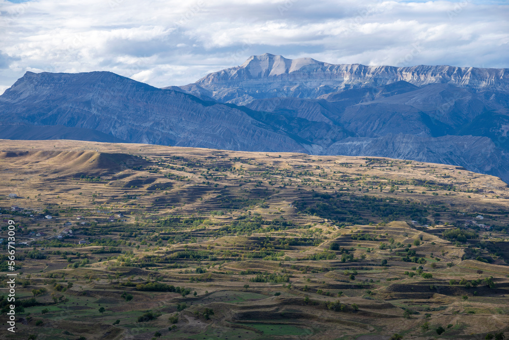 View of the ancient agricultural terraces in the mountains of Dagestan. Gunibsky district View of the ancient agricultural terraces in the mountains of Dagestan. Gunibsky district
