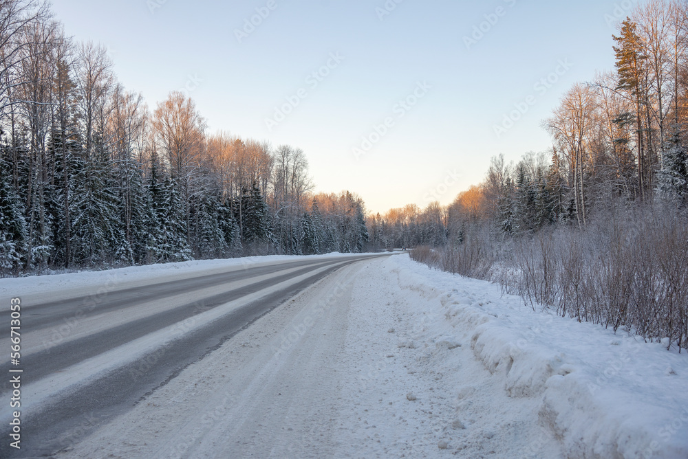 Winter evening on a forest road