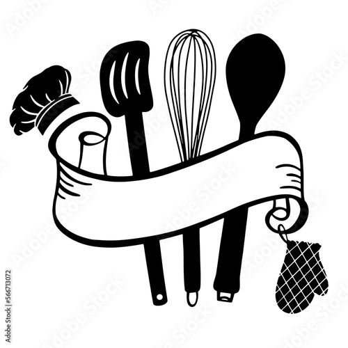 Kitchen Utensils vector illustration Baking logo monogram, Farmhouse kitchen decor, Chef cafe restaurant logo, Baking whisk spatula gloves, Cooking apron design for baker