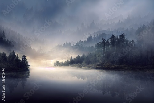 Beautiful misty landscape with smooth trees all around. Generative AI