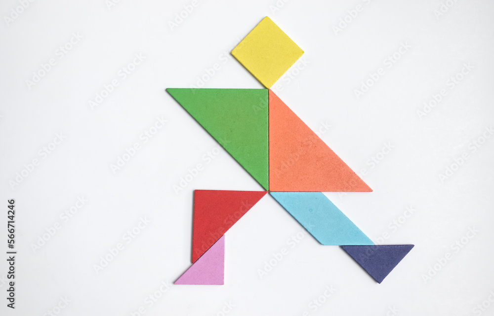 color tangram puzzle in aerobic exercise man shape on white background color tangram puzzle in aerobic exercise man shape on white background