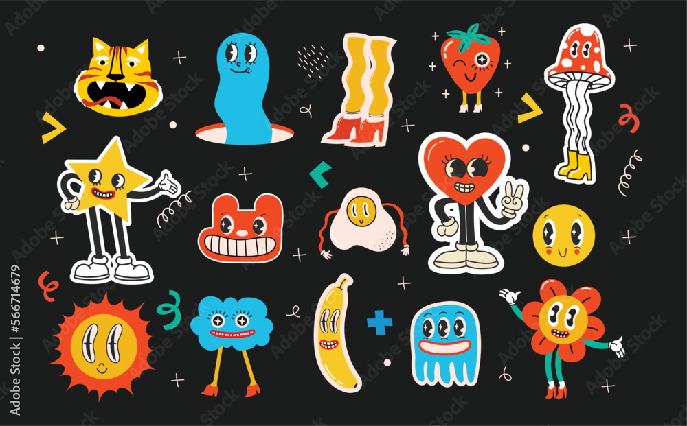 Fototapeta premium Fashion patch badges with lips, hearts, speech bubbles and other elements. Vector illustration set of stickers, pins, patches in cartoon 80s-90s style.