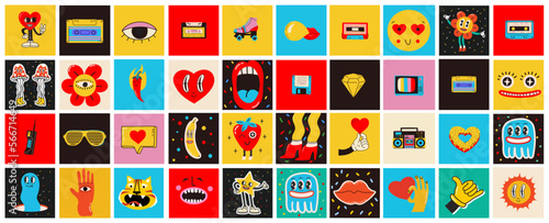 Hand drawn Vector illustrations of Set of Various retro patches, pins, stamps or stickers with abstract funny cute comic characters.