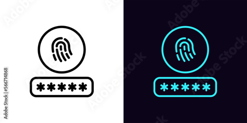 Outline ID password icon, with editable stroke. Input password with fingerprint sign, biometric ID login. Secure account access, fingerprint scanner, personal identification.
