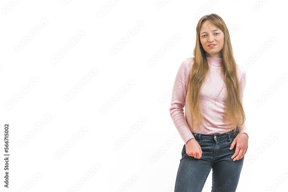 Young woman with waist-length hair looking at the camera, standing on a white background. High quality photo Young woman with waist-length hair looking at the camera, standing on a white background. High quality photo