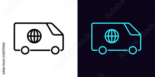 Outline delivery wagon icon, with editable stroke. Minivan with globe sign, international delivery. Global auto courier shipment, worldwide distribution service, world express shipping.